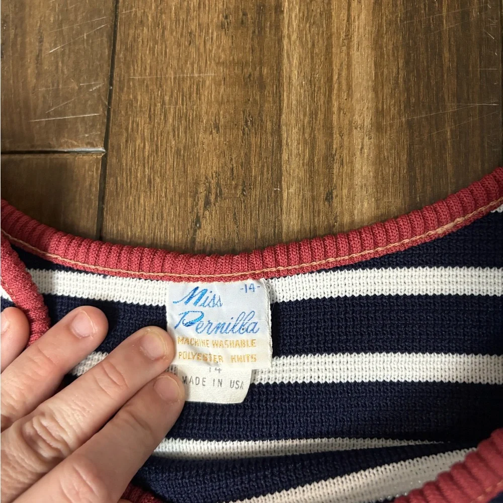 Vintage Miss Pernilla Sz 14 Striped Navy Red Apron Side Ties Kitchen Cook Retro